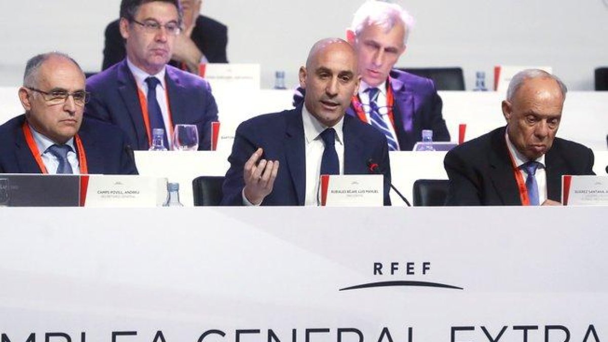 El presidente de la Federación Luis Rubiales (c) se dirige a la asamblea.-EFE
