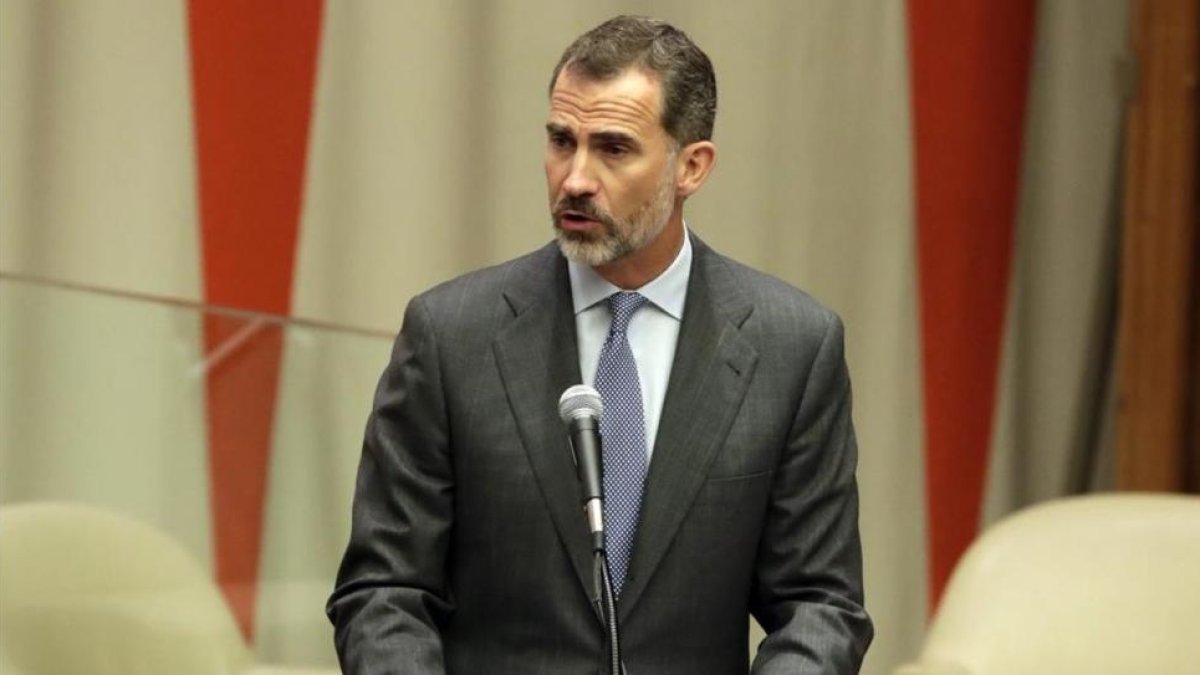 El rey Felipe VI pronuncia su discurso en la cumbre de refugiados de la ONU, el lunes.-EFE