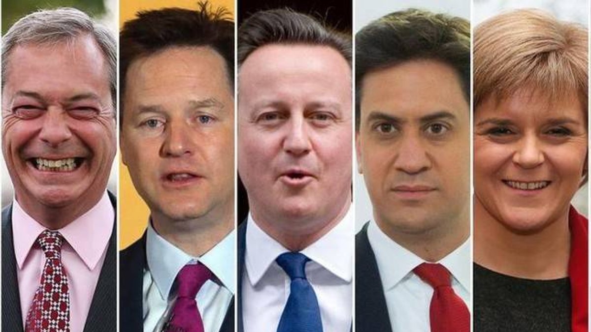 De izquierda a derecha, Nigel Farage, Nick Clegg, David Cameron, Ed Miliband y Nicola Sturgeon.-