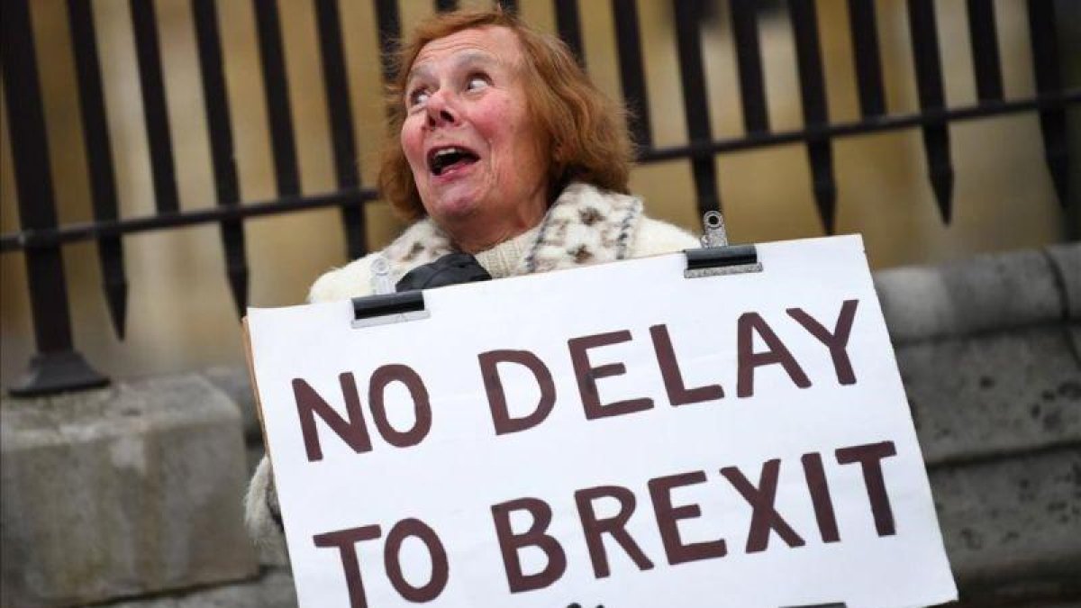 Una manifestante partidaria del brexit sostiene una pancarta ante el Parlamento británico, en Londres.-DYLAN MARTINEZ (REUTERS)