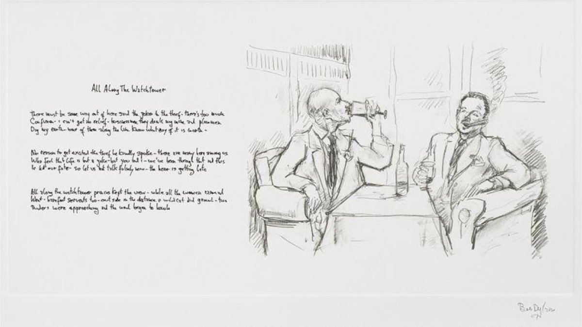 La letra manuscrita de All along the watchtower y su correspondiente dibujo.-BOB DYLAN