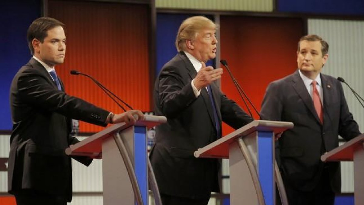 Marco Rubio, Donald Trump y Ted Cruz, en un momento del debate republicano, moderado por la Fox en Detroit.-REUTERS / JIM YOUNG