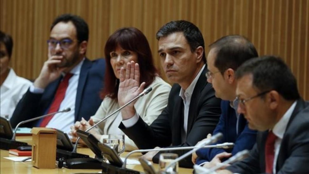 El líder del PSOE, Pedro Sanchez, en la reunión con sus diputados y senadores de este martes en el Congreso.-EFE