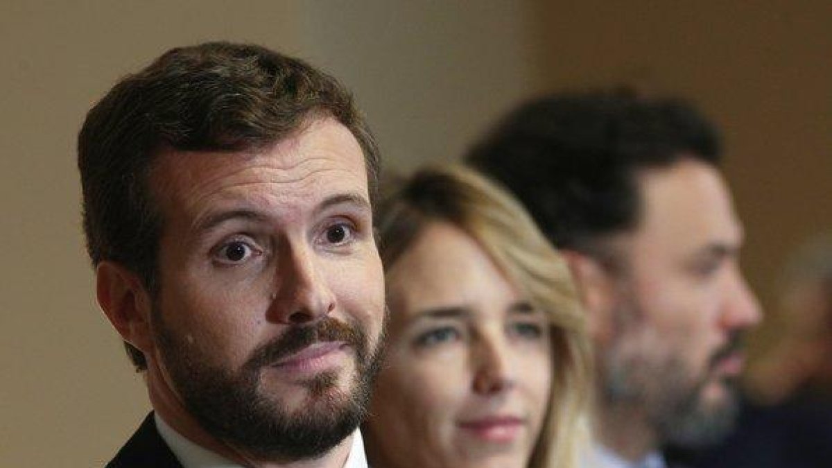 El presidente del Partido Popular, Pablo Casado, durante una rueda de prensa.-EDUARDO PARRA (EUROPA PRESS)
