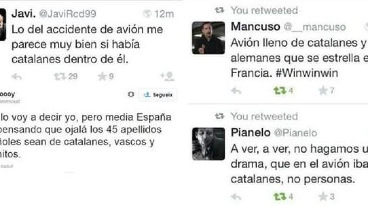 Algunos ejemplos de tuits catalanófobos tras la tragedia de Germanwings.-