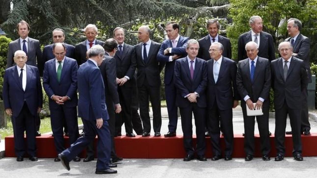 Miembros del Consejo Empresarial de la Competitividad en mayo del 2014, tras un almuerzo ofrecido en La Moncloa por el presidente del Gobierno, Mariano Rajoy.-JUAN MANUEL PRATS