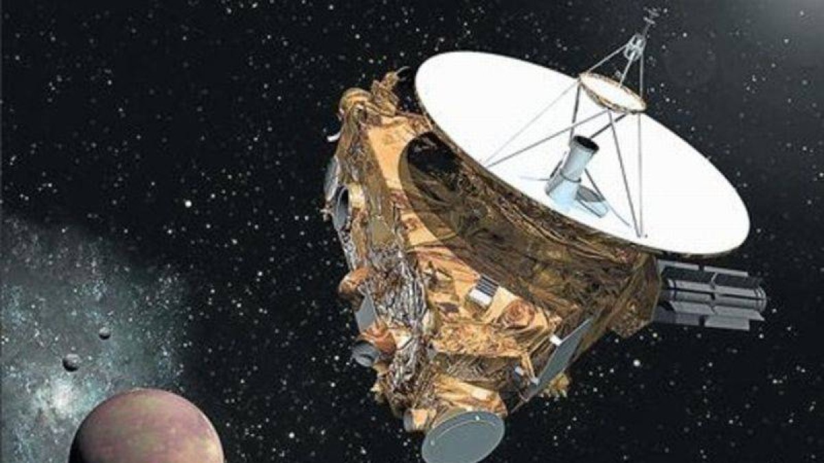Simulación artística de la sonda 'New Horizons' en las proximidades de Plutón con tres de sus cinco satélites, incluido el gigante Caronte.-Foto: NASA