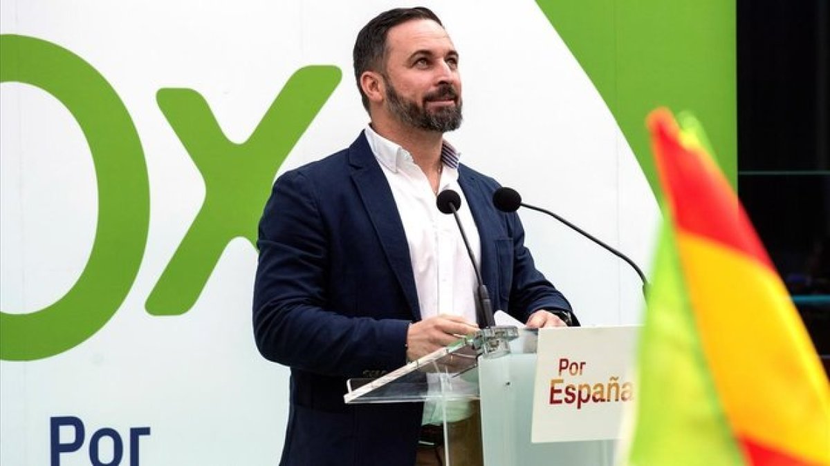 El candidato de Vox a las generales, Santiago Abascal, en un mitin en Vitoria.-EFE / ADRIÁN RUIZ DE HIERRO