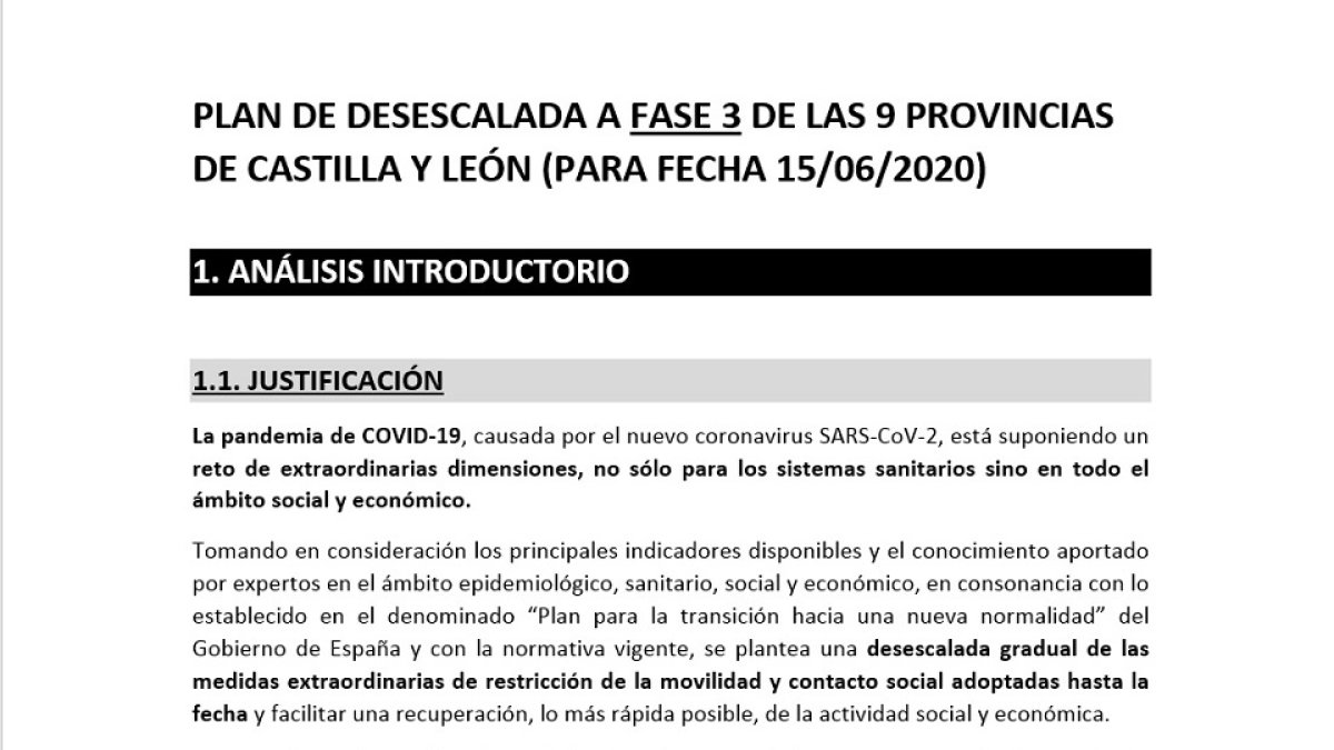 EL DOCUMENTO DE LA PROPUESTA. La primera página del Anexo 1 de la documentación de la sexta propuesta de desescalada al que ha tenido acceso El Mundo CyL no deja lugar a dudas. La consejera de Sanidad de la Junta pidió que las nueve provincias pasasen ayer a fase 3 como se puede comprobar en la primera página.