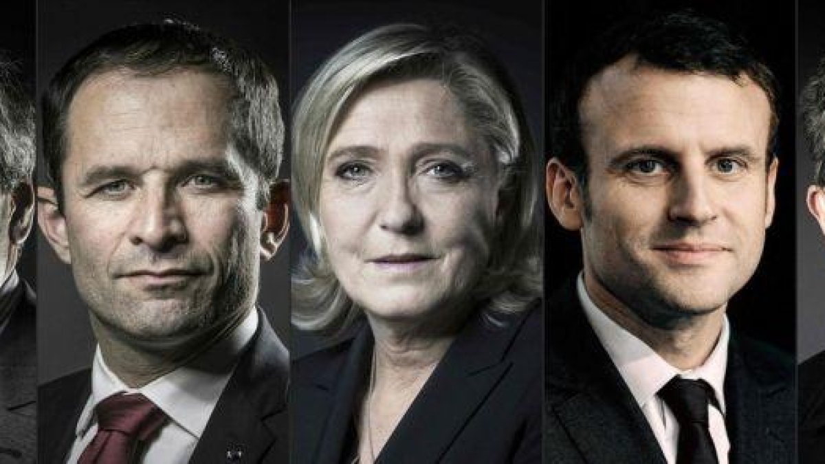 De izquierda a derecha, los candidatos al Elíseo: Fillon, Hamon, Le Pen, Macron y Mélenchon.-AFP / JOEL SAGET