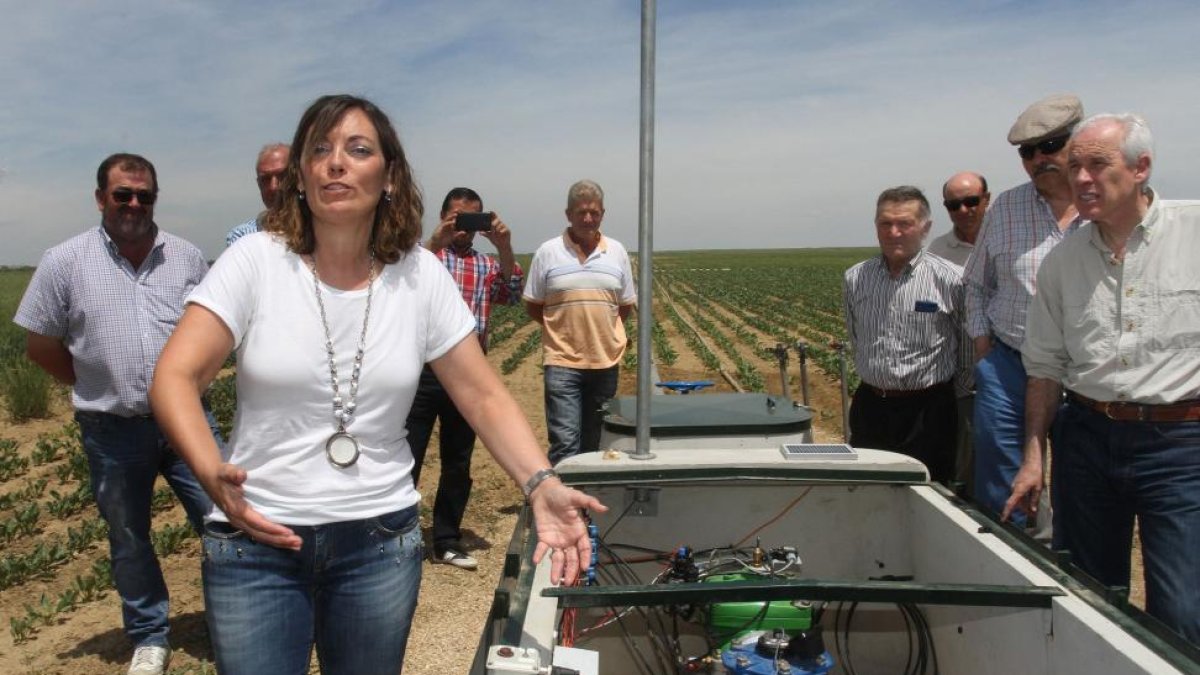 La consejera de Agricultura y Ganadería, Milagros Marcos junto a un hidrante en una finca de Piña de Campos(Palencia) en su visita a las obras de modernización de los regadíos de la Comunidad de Regantes del Canal del Pisuerga-ICAL