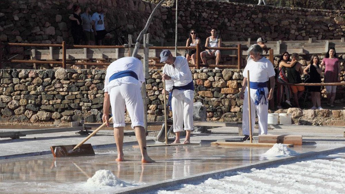 Varios de los miembros de la Asociación Amigos de las Salinas demostraron como se extrae la sal al estilo pozano.-G.G.