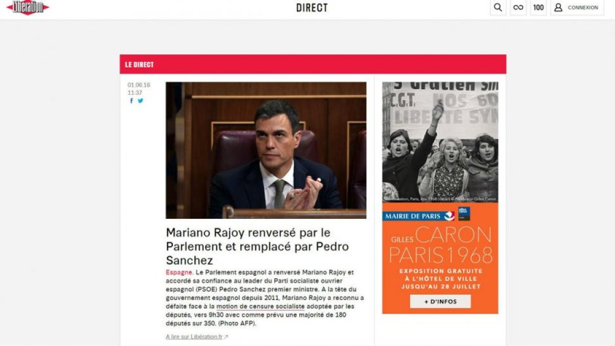 Portada web del diario francés Libération sobre la moción de censura a Mariano Rajoy.-EL PERIÓDICO
