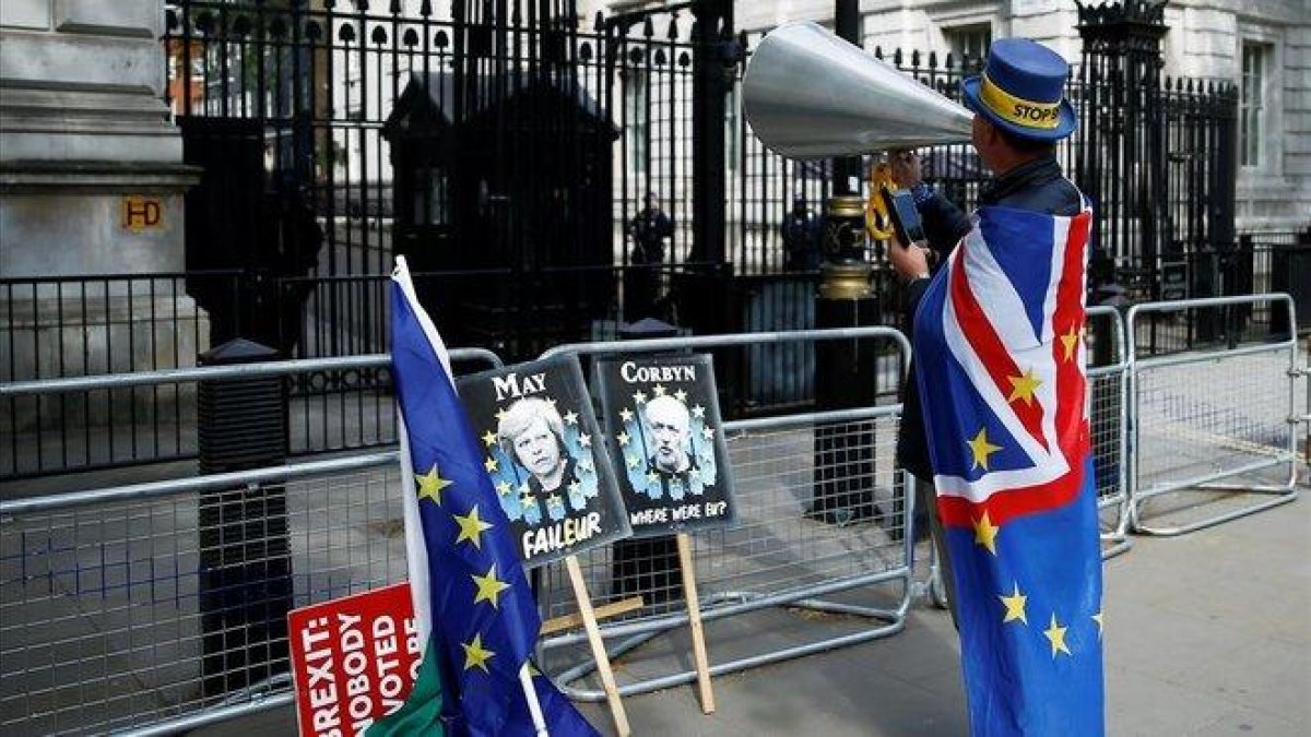Un británico ’anti-brexit’ protesta frente a Downing Street.-