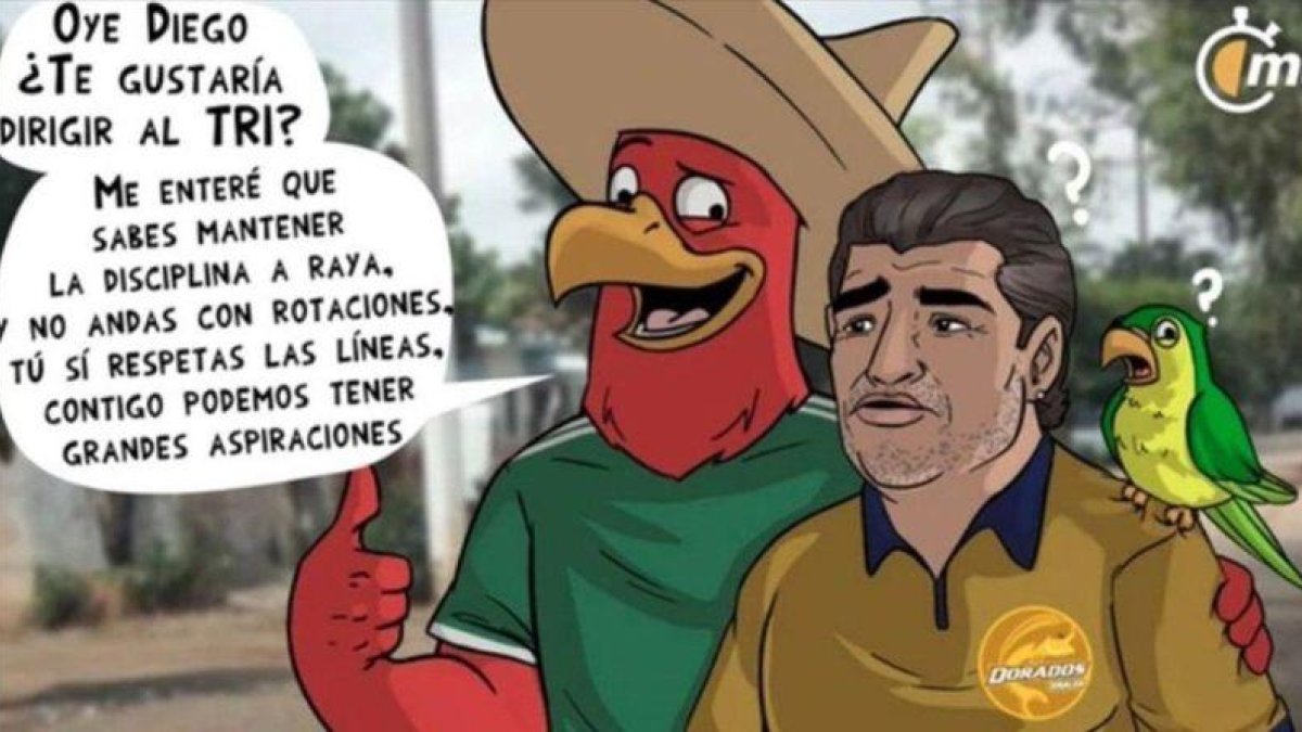 Viñeta publicada en México haciendo referencia al seleccionado mexicano y Diego Armando Maradona.-EL PERIÓDICO