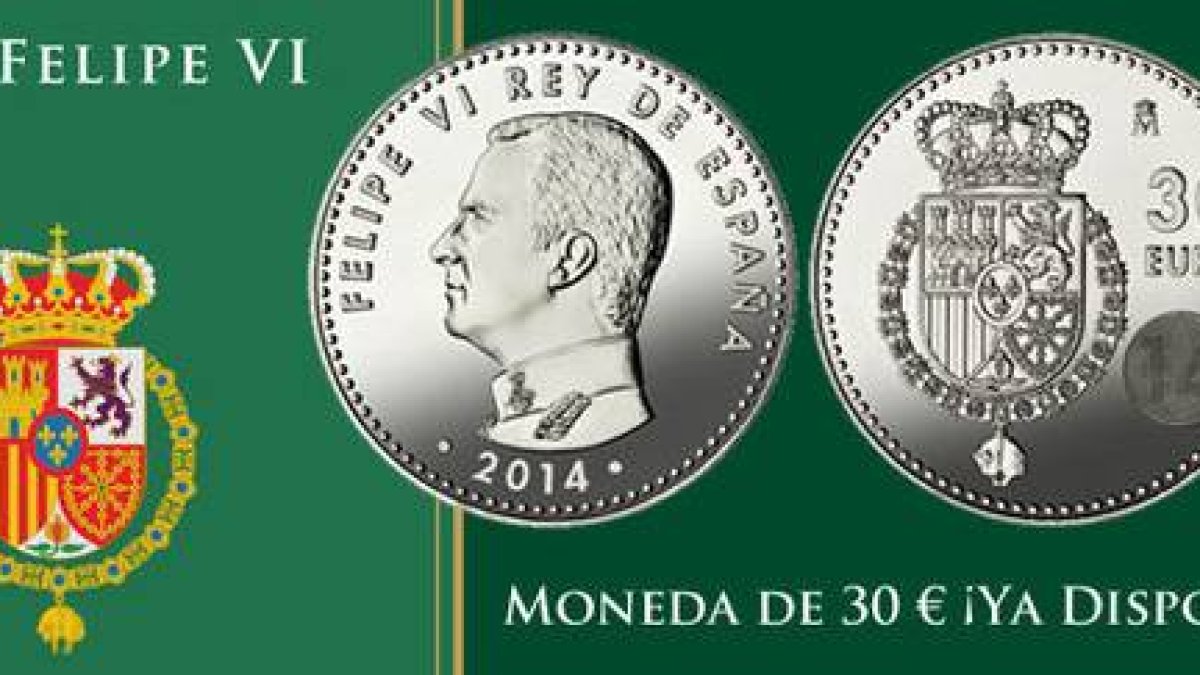 Moneda conmemorativa de 30 euros con la cara de Felipe VI.-