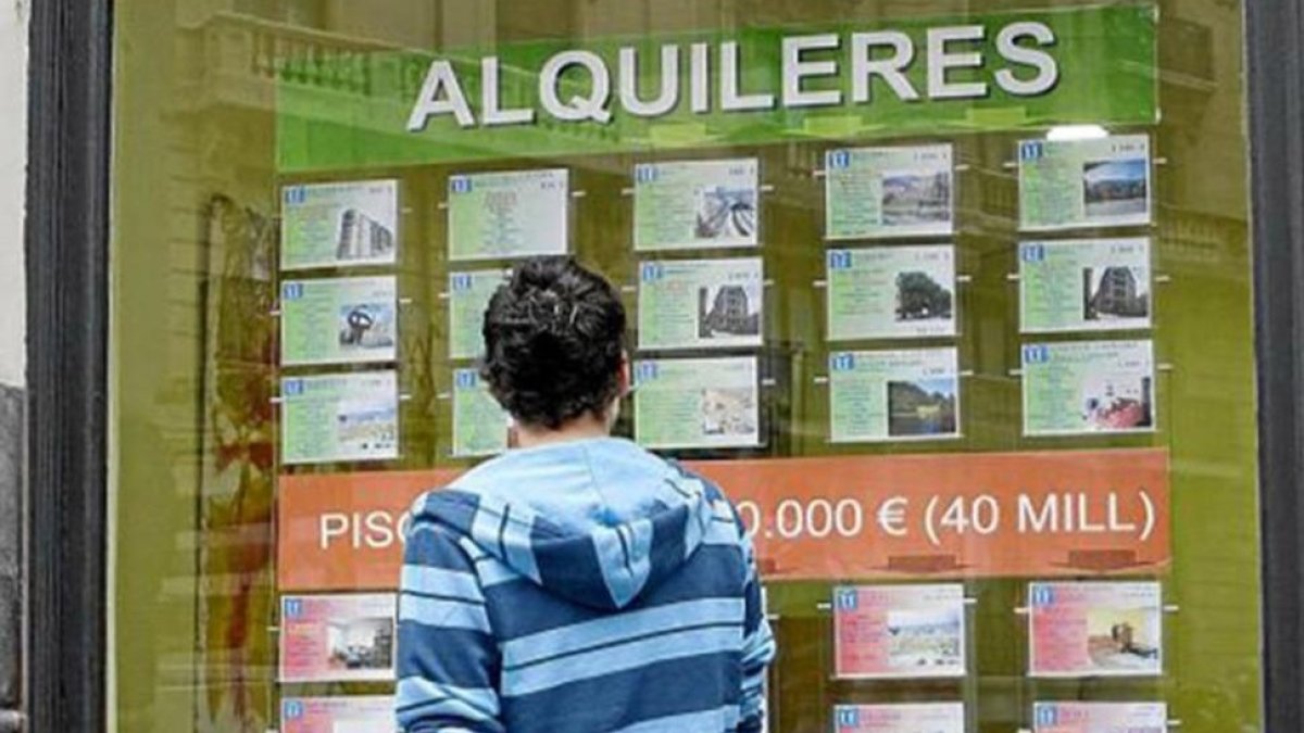 Un joven observa un escaparate con anuncios de alquileres. S. O.