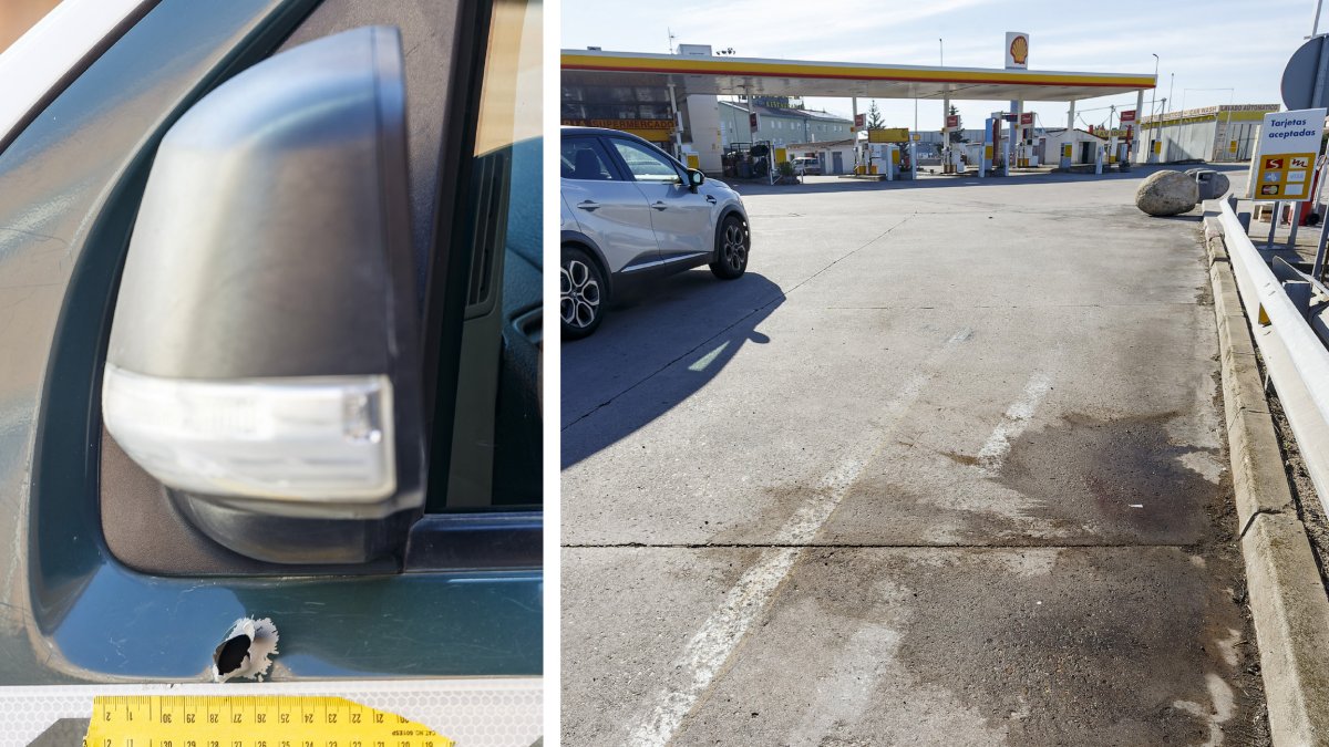Imágenes de un impacto de bala en un coche de la Guardia Civil y lugar en el que el agente murió en el tiroteo. SANTI OTERO