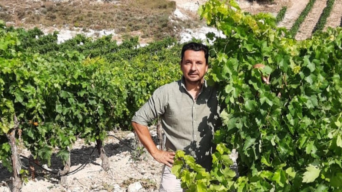 Alfonso Velasco, de Bodegas El Inicio, posa en uno de sus viñedos en Ribera del Duero