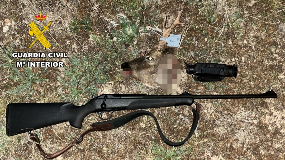 Arma incautada junto a una de las cabezas de corzo. GUARDIA CIVIL