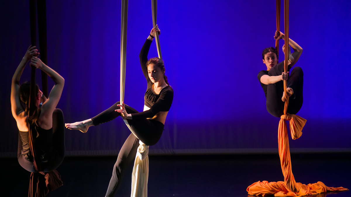 Alumnas de 4º de Danza Contemporánea durante el espectáculo de danza aérea con telas.