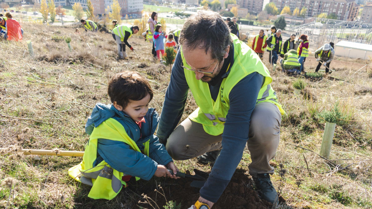 Un adulto planta un árbol con un niño en el entorno de Las Rebolledas.