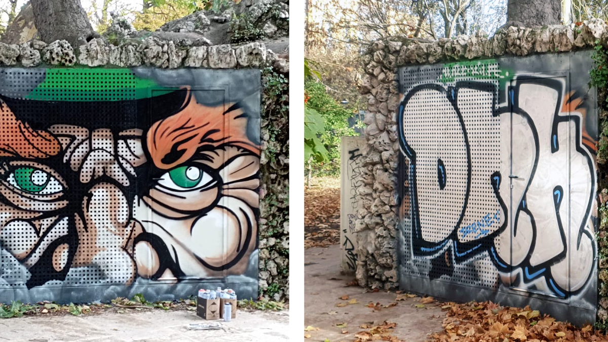 Mural en el parque de la Isla y grafiti de dudoso gusto por encima.