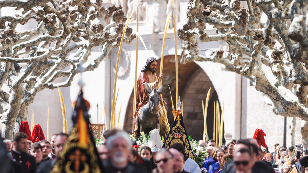 El paso de Jesús en la Borriquilla por el Espolón, tras dejar atrás el Arco de Santa María.