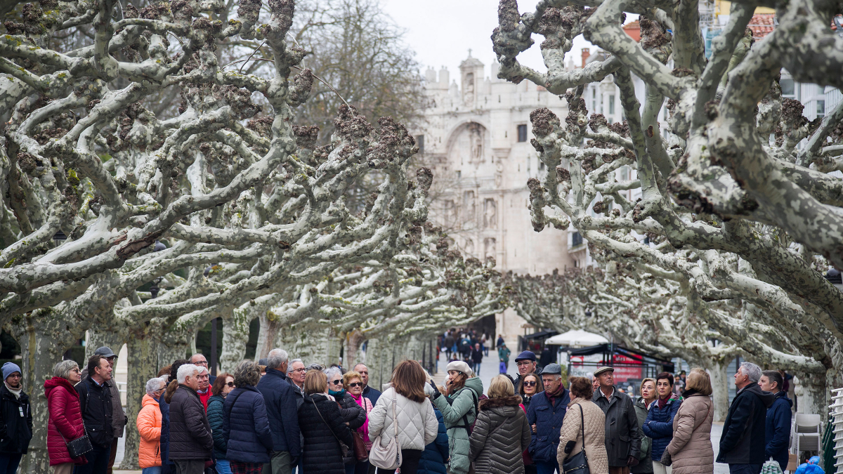 Un grupo de turistas escucha al guía que les explica la historia del Paseo del Espolón.