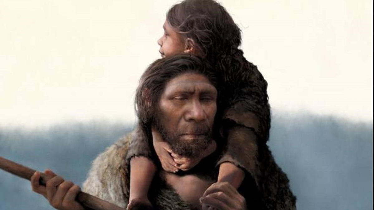 Recreación de un padre neandertal con su hija.