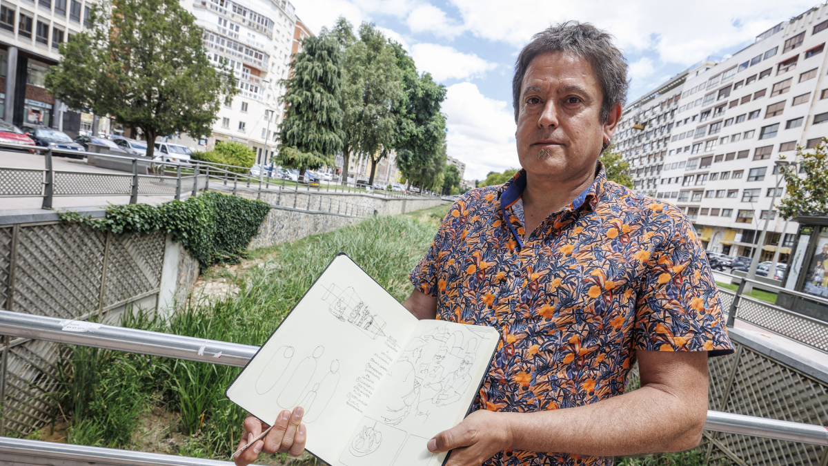 Gorka Belasko, de 'Dibujando x Mambrilla', junto al río Vena en Burgos capital.