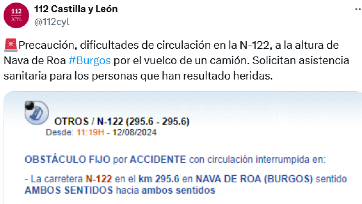 Imagen del aviso del 112