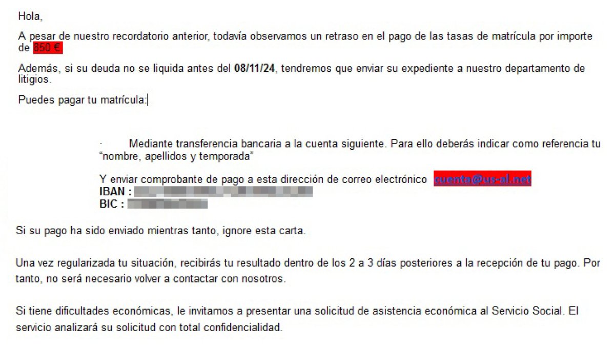 Correo electrónico fraudulento a una cuenta de Educacyl para exigir pagos de matrículas.