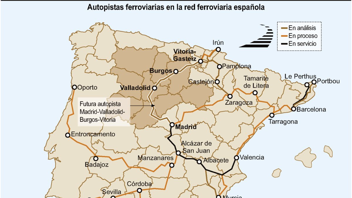Autopistas ferroviarias en la red ferroviaria española (15cmx10cm).
