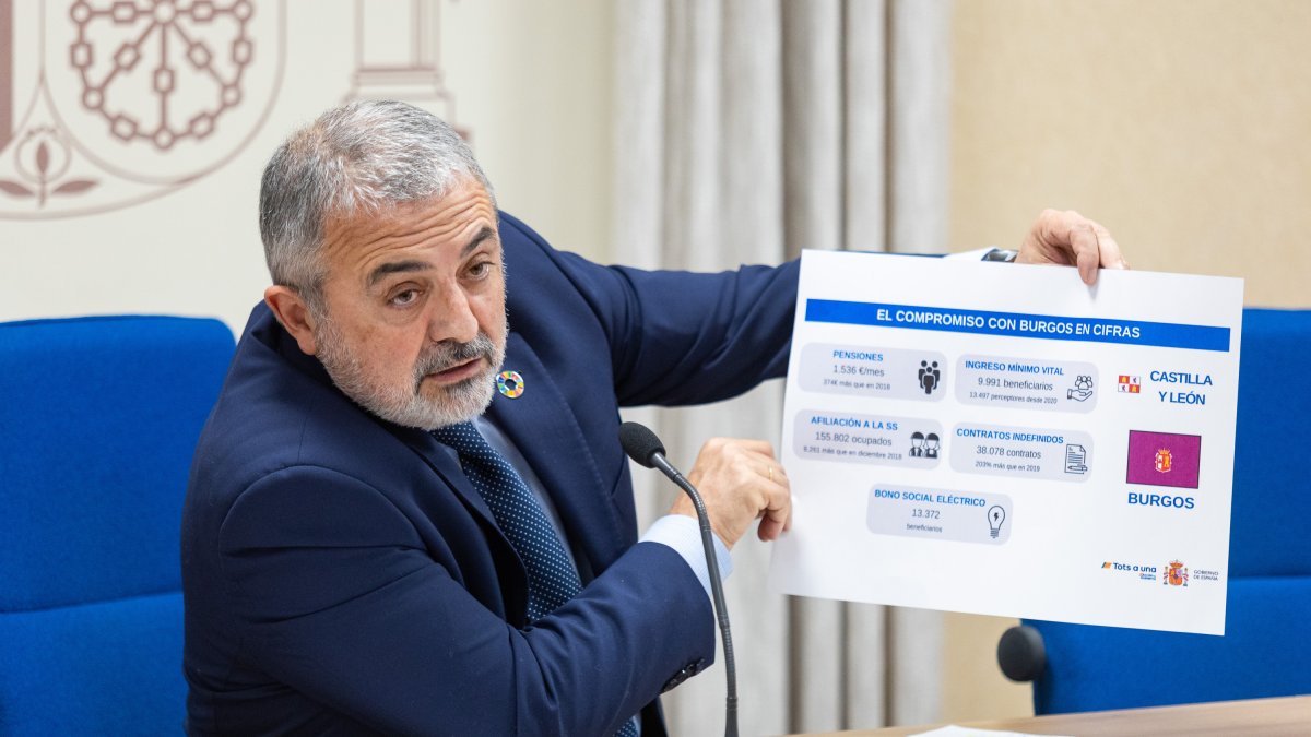 El subdelegado del Gobierno en Burgos, Pedro de la Fuente, con una gráfica sobre políticas sociales.