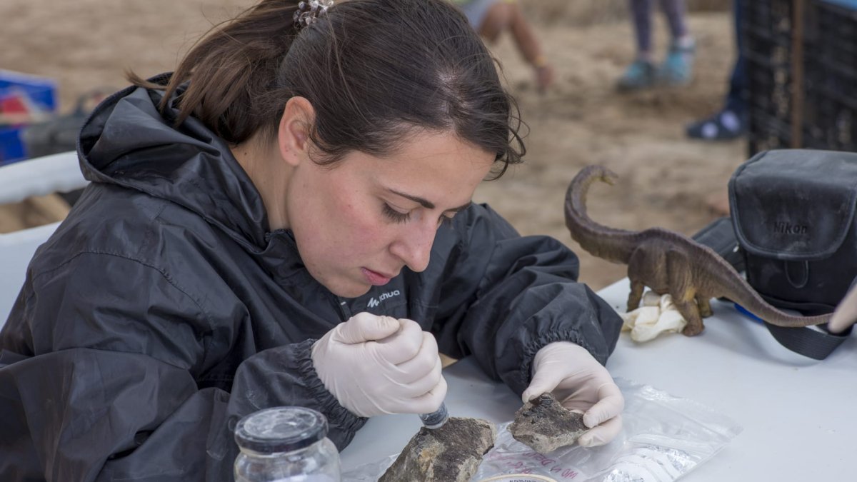 La conservadora-restauradora Caterine Arias Riesgo aplicando un tratamiento de consolidación a pie de excavación. javier álvarez cob