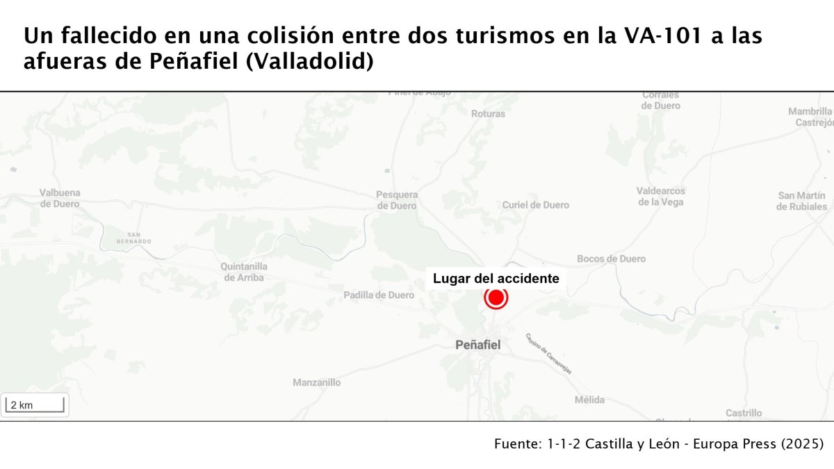 Mapa con el punto donde ha ocurrido el accidente en el que ha fallecido un varón de 50 años, en la VA-101 a las afueras de Peñafiel.