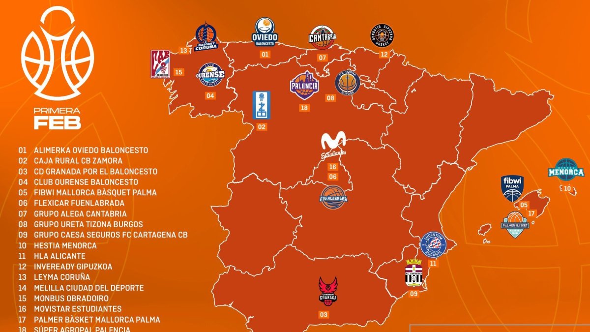 Distribución territorial de los equipos inscritos en la temporada 2025/26 de la liga en Primera FEB.