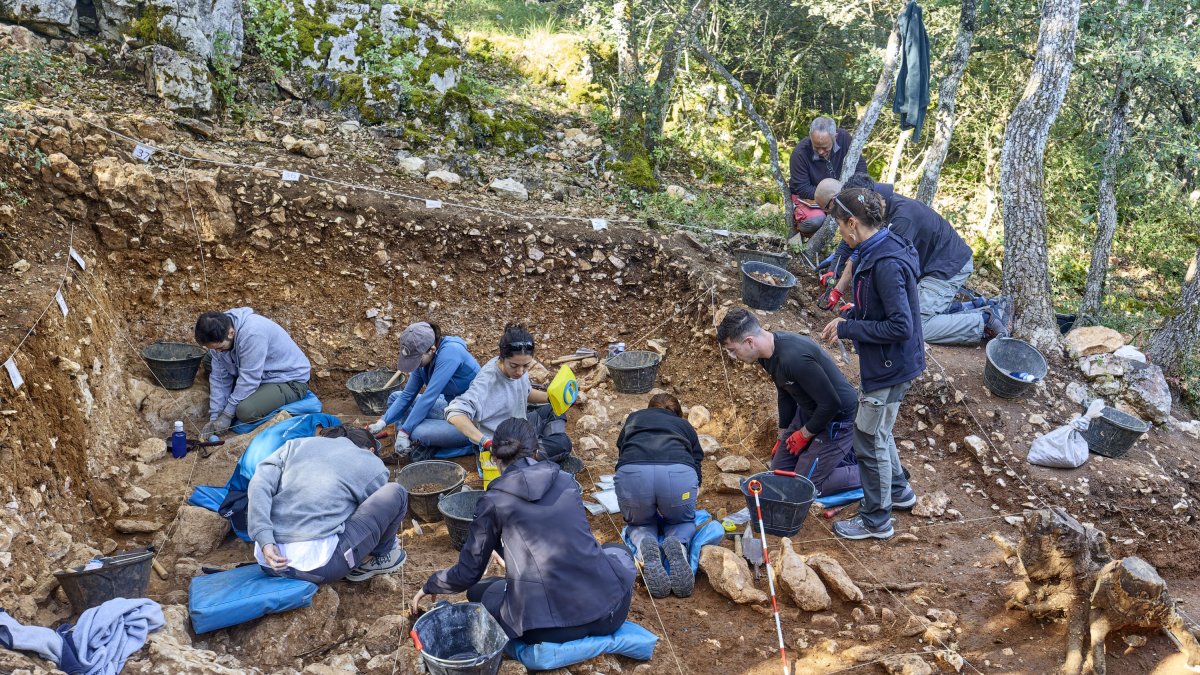 Trabajos para desentrañar el taller neandertal que cerró la entrada exterior de Galería de las Estatuas.