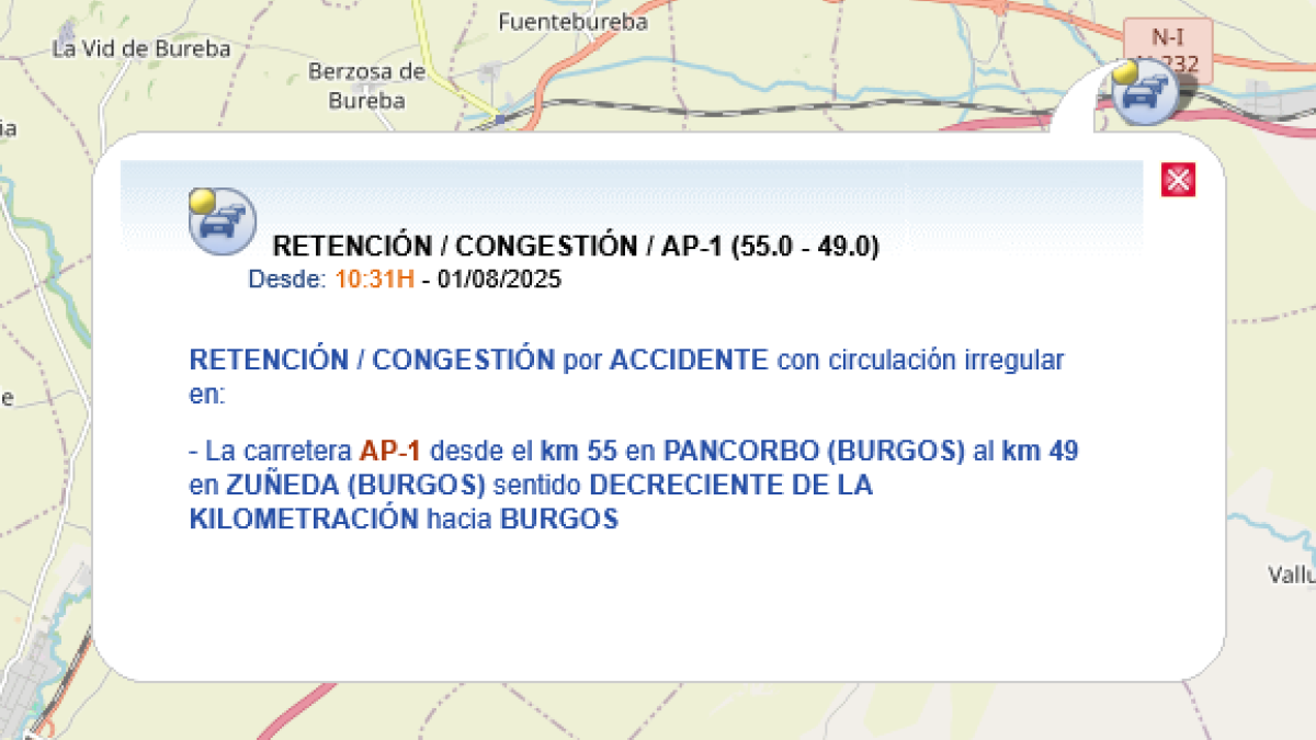 Información de la DGT sobre el accidente en la AP-1 en Zuñeda.