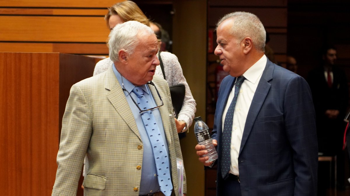 El consejero de Cultura, Turismo y Deporte, Gonzalo Santonja, conversa con el procurador popular José Sánchez durante el Pleno de las Cortes de Castilla y León.