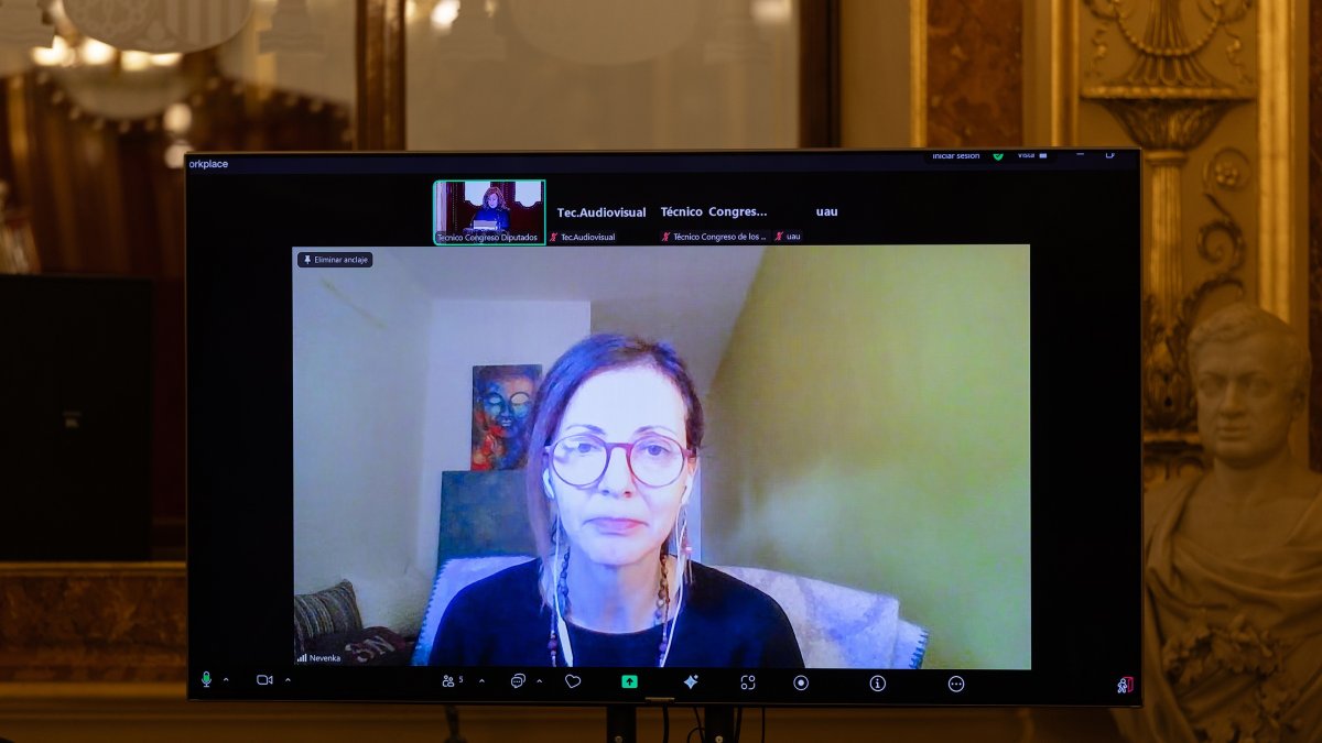 La economista Nevenka Fernández interviene por videoconferencia en un acto conmemorativo por el Día Internacional de la eliminación de la violencia contra la mujer, en el Congreso de los Diputados, a 25 de noviembre de 2025, en Madrid (España).