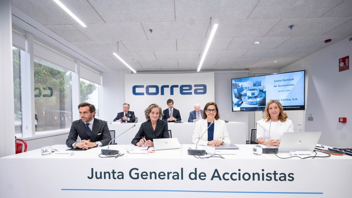 Junta General de Accionistas de Grupo Correa, 28 de abril 2026. Izq. A dch. Desde arriba: Alfredo Sáenz Abad, Borja Oria Riu, Rafael Miranda Robredo, Jaime Nicolás-Correa Vilches, Ana Nicolás-Correa Barragán, Bibiana Nicolás-Correa Vilches y Carmen Pinto.