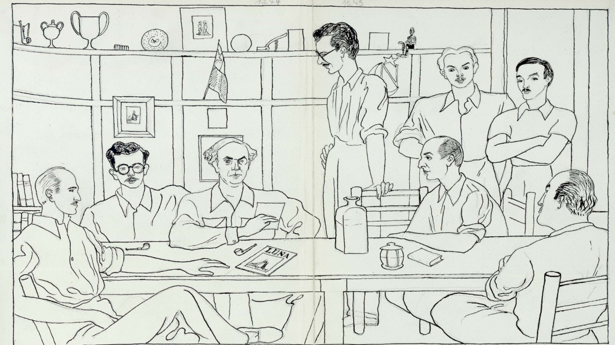 Grupo de escritores, ilustradores exiliados en la Embajada de Chile en Madrid, que publicaron la revista Luna durante su encierro dibujados por Santiago Ontañón.