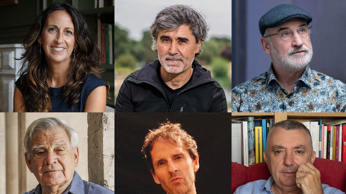 Arriba, de i. a d.: María Oruña, Pedro Simón y Fernando Aramburu. Abajo: Moisés Pascual Pozas, Hans Laguna y Manuel Vilas.