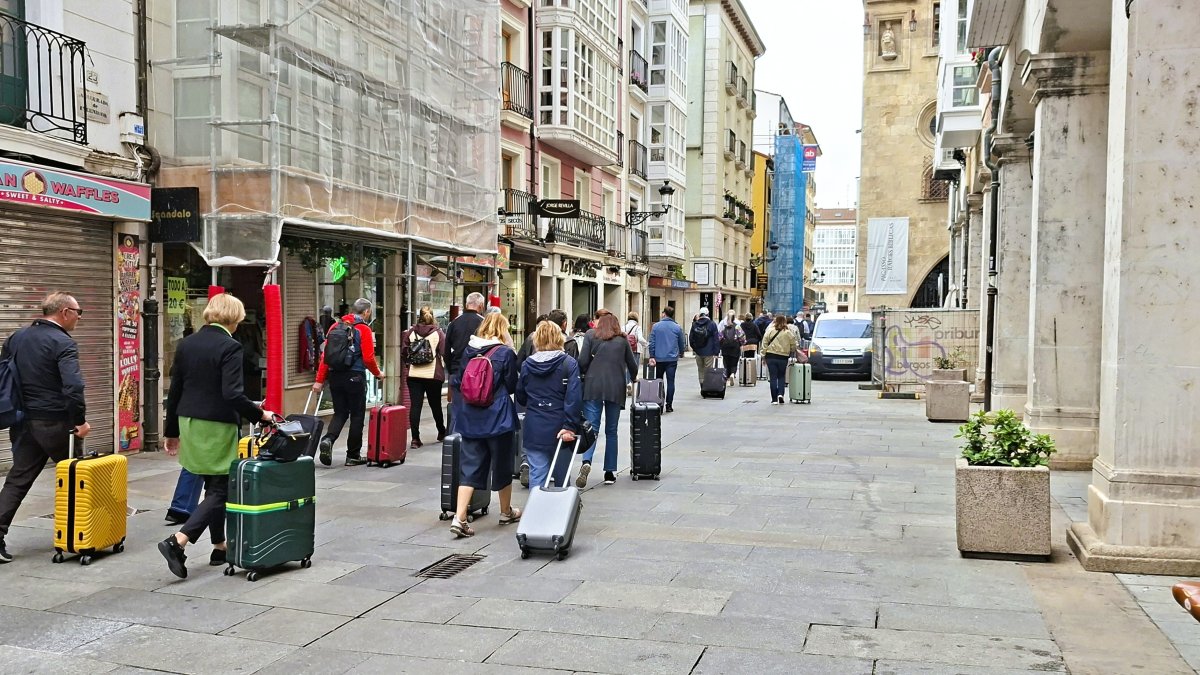 Un grupo de turistas con maletas por la calle de la Paloma.