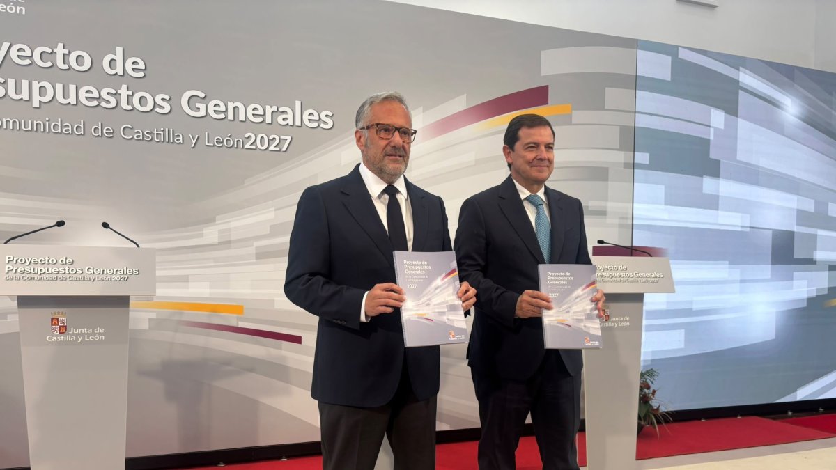 Mañueco y Pollán en la presentación del proyecto de presupuestos de la Comunidad pata 2027.