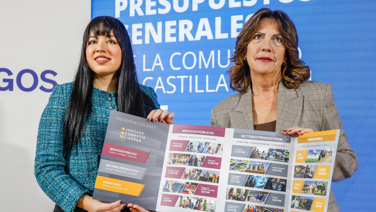 Las procuradoras del PP por Burgos Carmen Santillana y Marta Arroyo muestran un resumen gráfico de los presupuestos esbozados por la Junta para 2027.