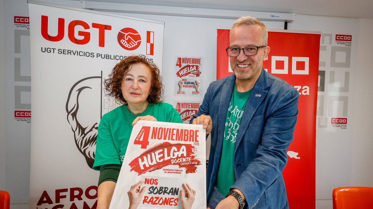 María Soledad Sanjuán (UGT) y Jesús Moradillo (CCOO) animan a secundar la huelga de profesores del 4-N.