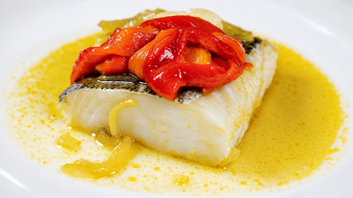 Bacalao a la burgalesa, acompañado de pimientos y cebolla.